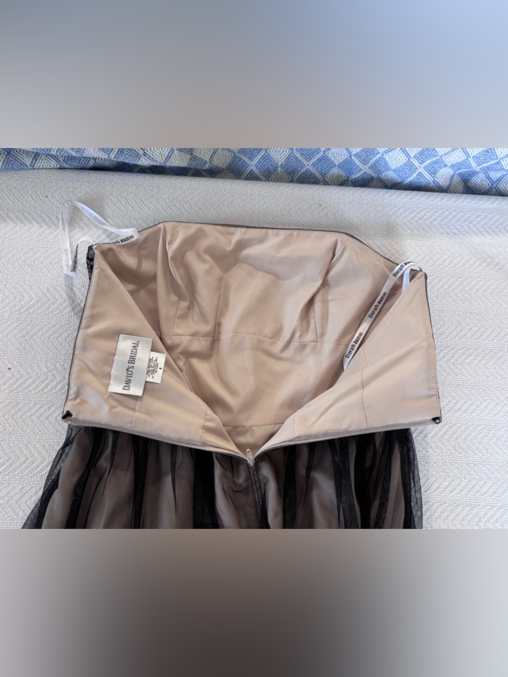 🩷David's Bridal Taupe Strapless Dress with Black Lace - Picture 12 of 13